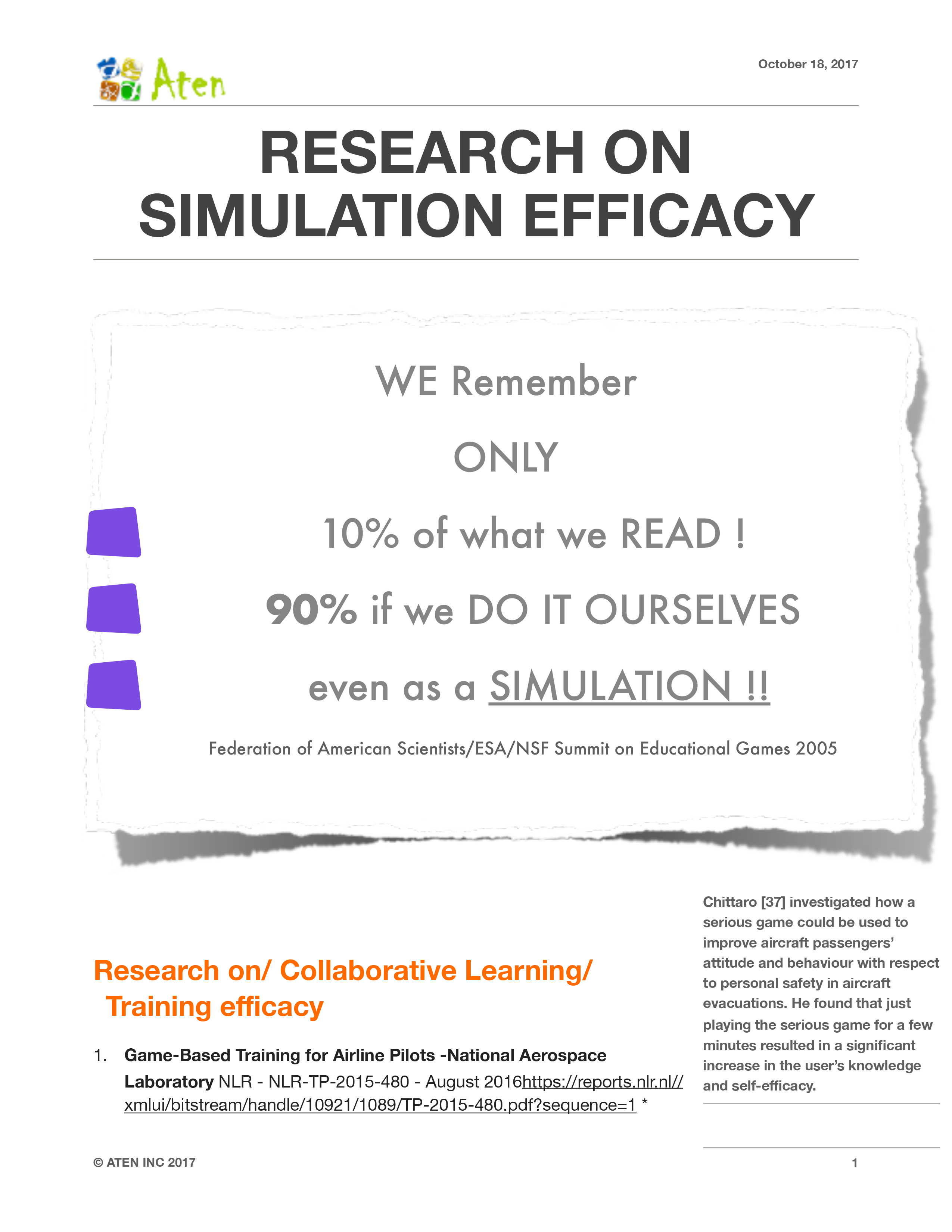 Research on Efficacy of Virtual Immersive Training in Aviation